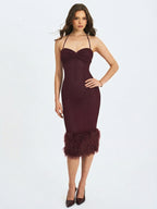 Pluma Maroon Halter Faux Fur Trimmed Midi Dress