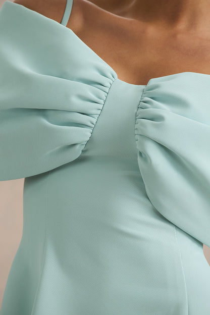 Faria Light Blue Short Sleeve Bardot Mini Dress With Bow Detail