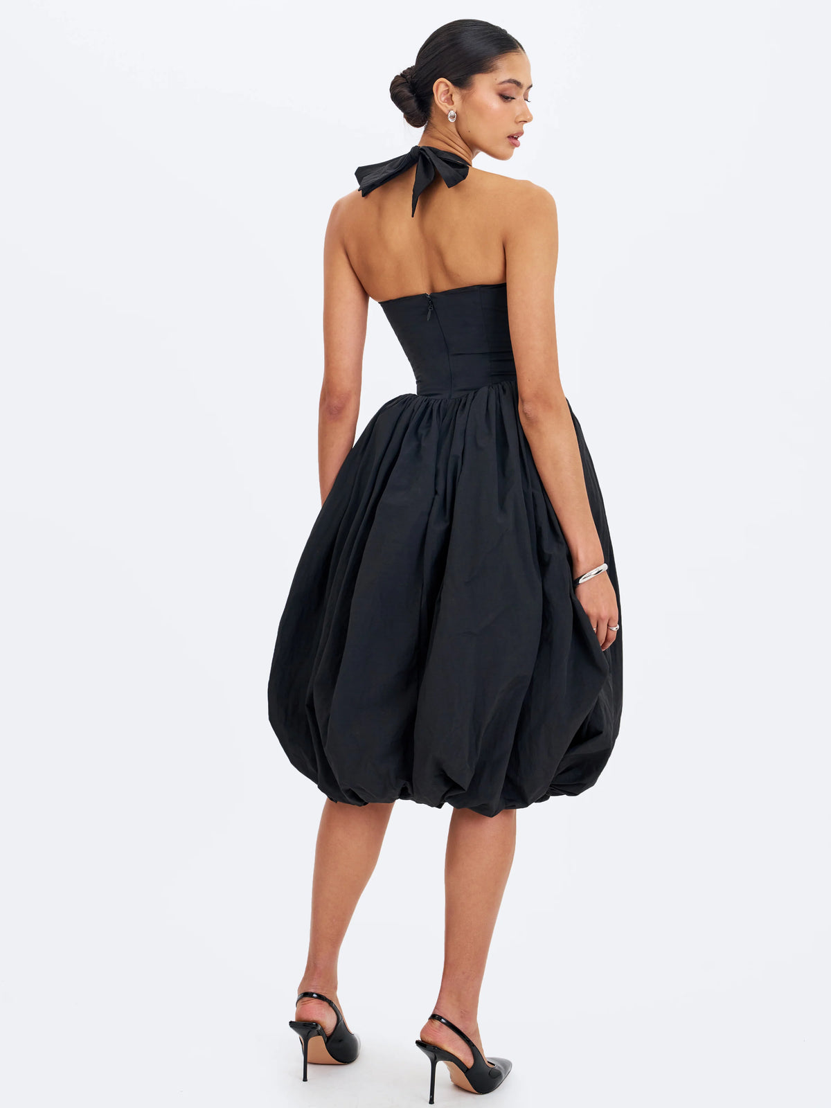 Veradis Black Taffeta Halter Bubble Hem Midi Dress