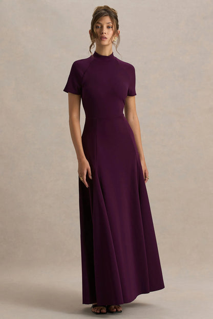 Alea Burgundy High Neck Short Sleeve Maxi Dress