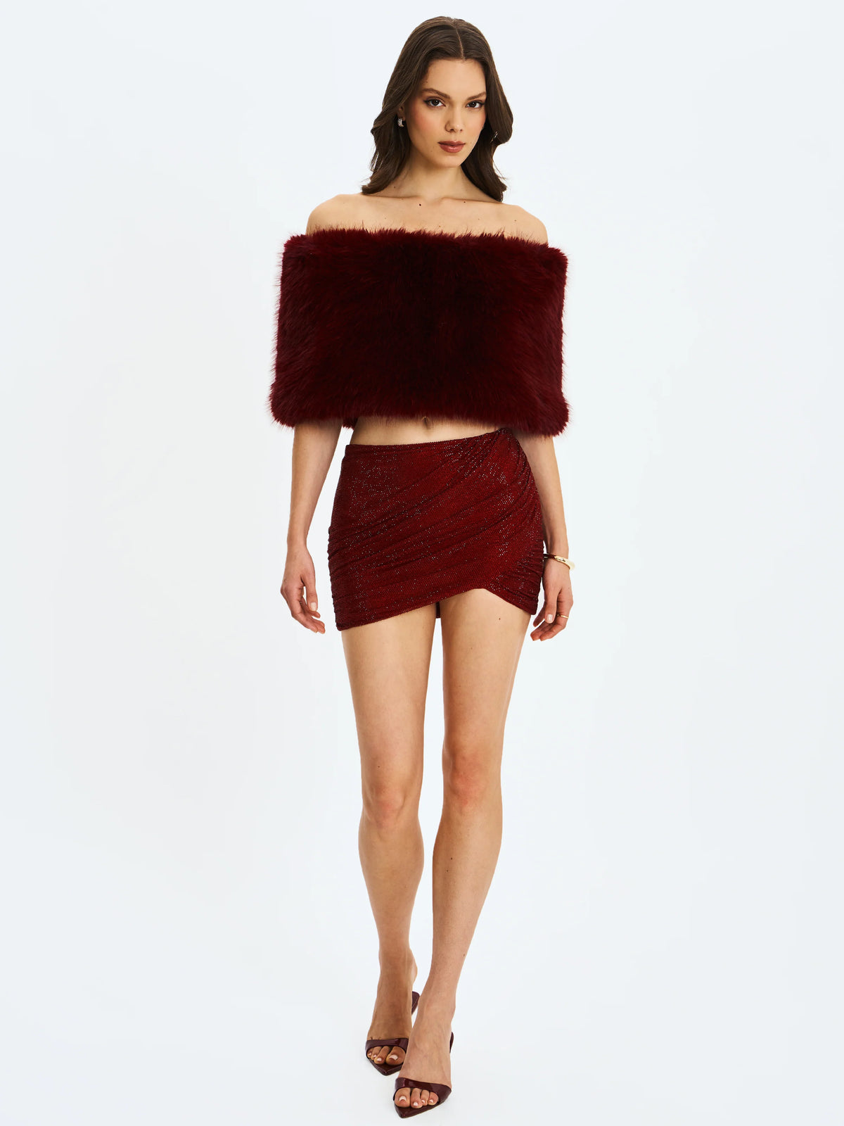 Darla Burgundy Faux Fur Off Shoulder Cropped Top