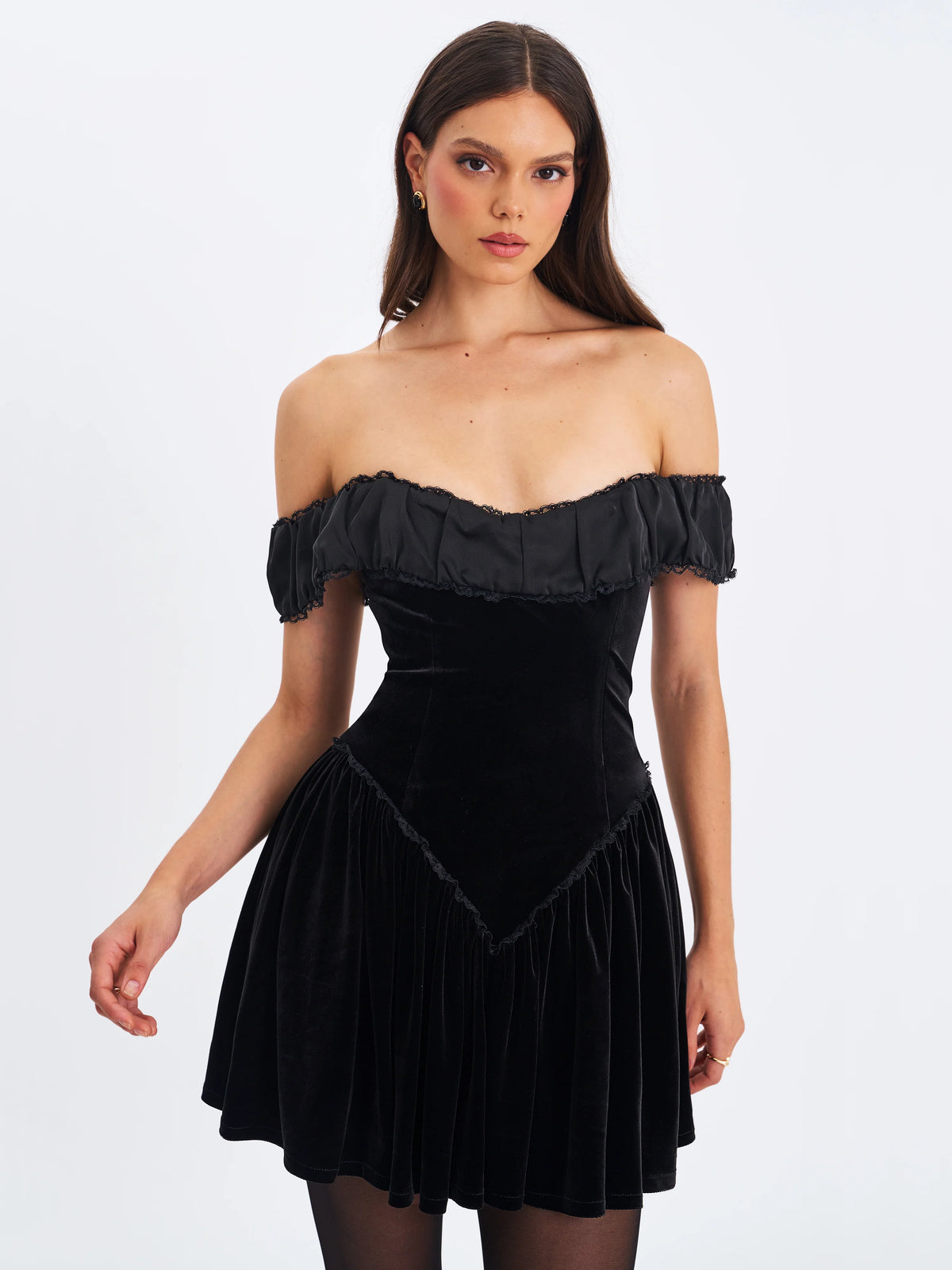 Daisha Black Lace Trimmed Off Shoulder Ruched Mini Dress