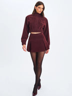 Faryn Mahogany Vegan Suede Pleated A Line Mini Skirt