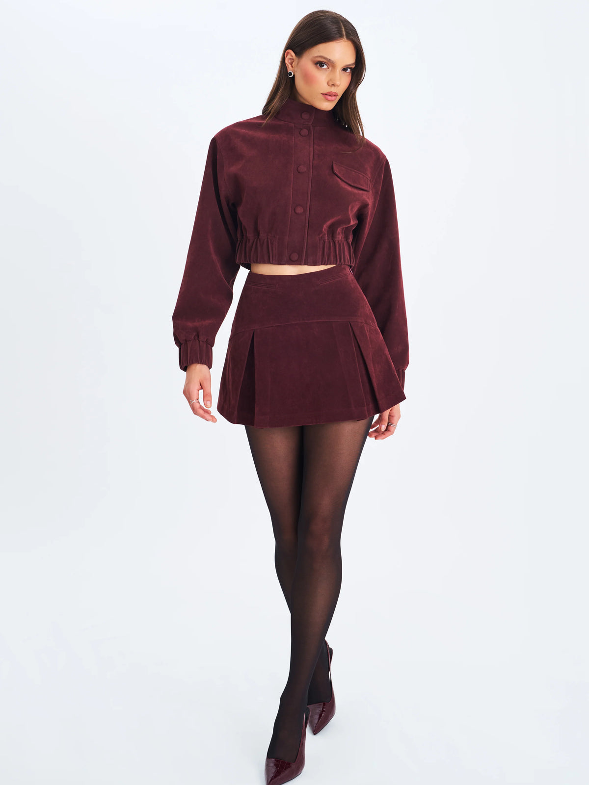 Faryn Mahogany Vegan Suede Pleated A Line Mini Skirt