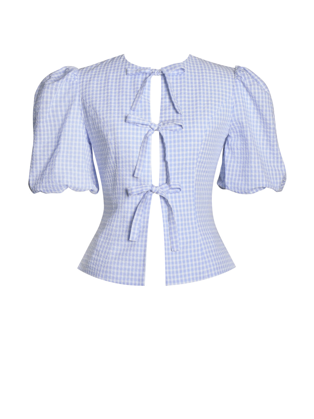 Qusayla Baby Blue Gingham Cotton Bubble Sleeve Bowtie Top