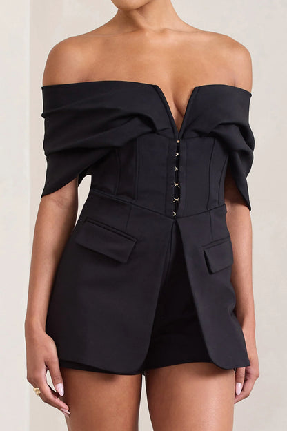 Damsel Black Cotton Blend Corset Bardot Playsuit