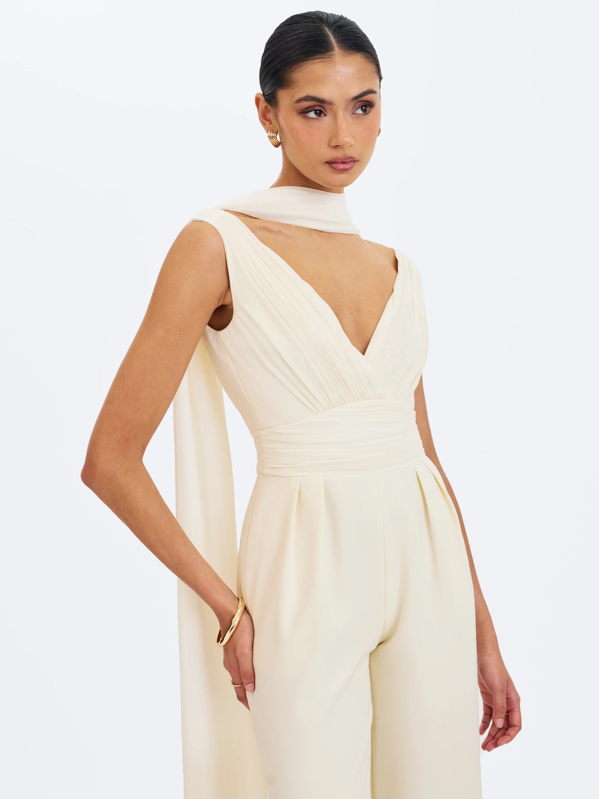 Harper Ivory Ruched V Neck Jumpsuit with Scarf