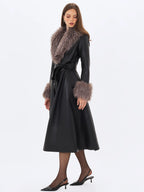 Nico Black Faux Leather Fur Trimmed Belted A Line Midi Coat