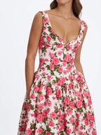 Wilfreda Blooming Pink Floral Linen Sweetheart Midi Dress