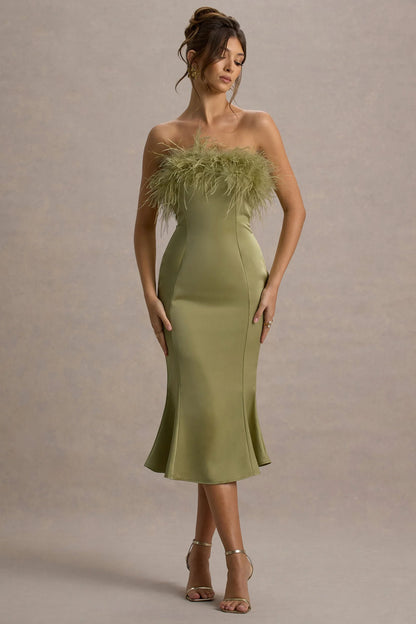 One And Only Light Green Satin Feather Trim Bandeau Midi Dress