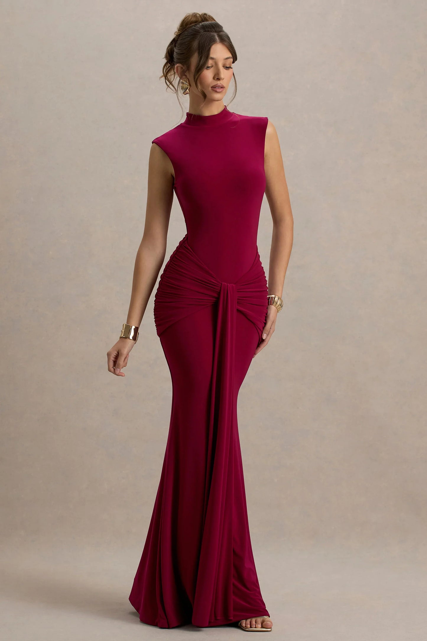 Graziana Burgundy High Neck Gathered Draped Maxi Dress