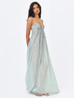 Wallie Mint Rhinestone Embellished Mesh Backless Gown