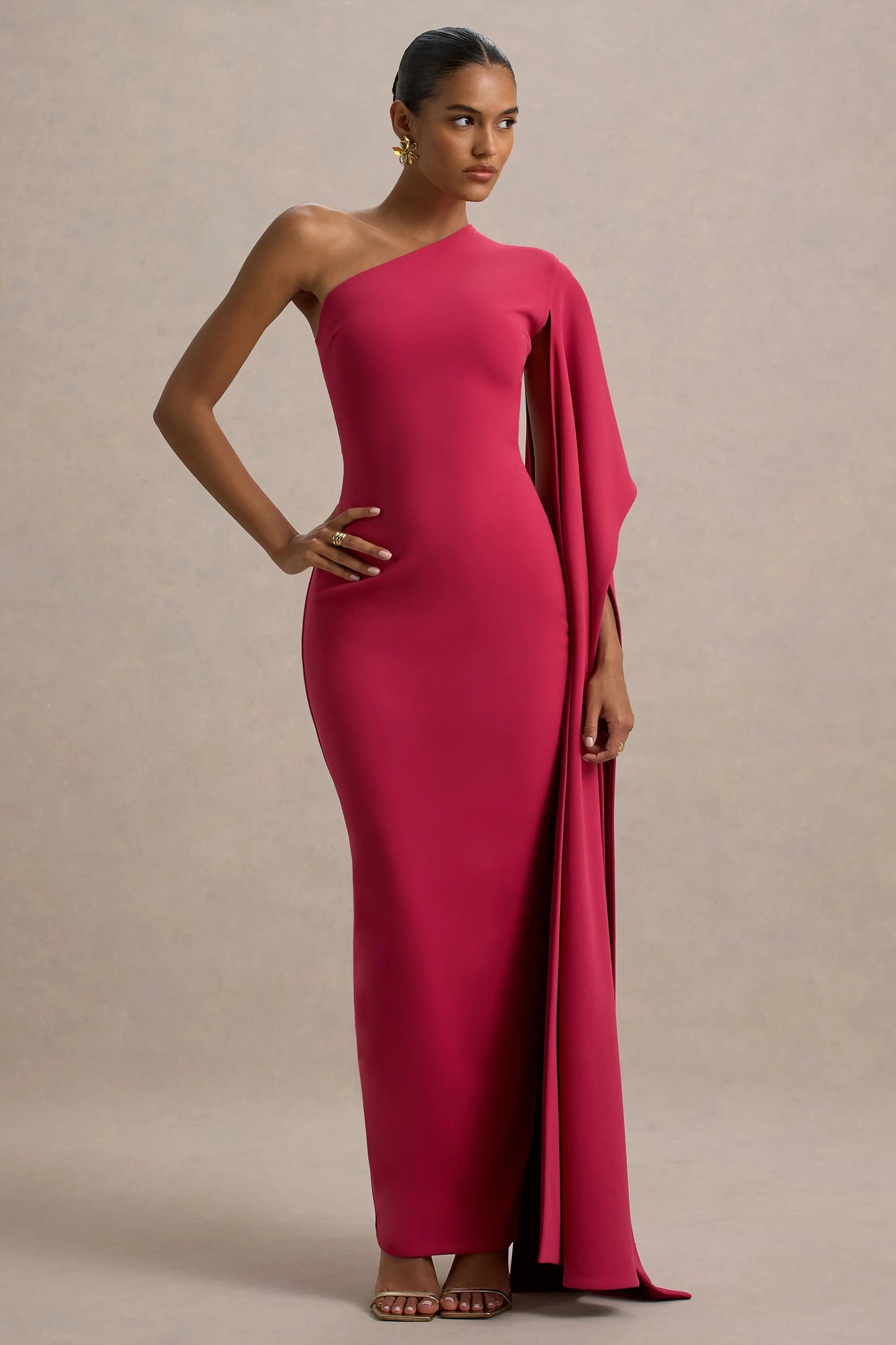 Lily Hot Pink Burgundy Asymmetric Maxi Dress With Cape Sleeve