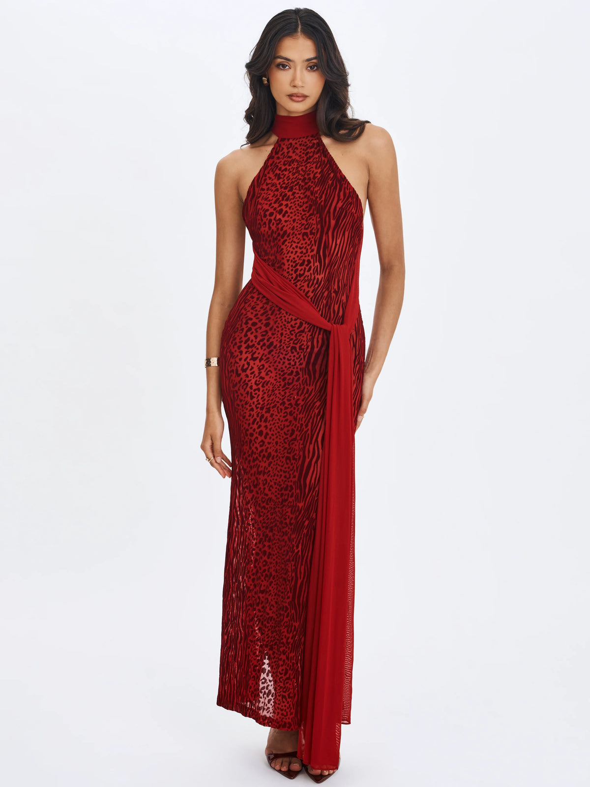 Cerise Scarlet Burnout Velvet Multiwear Mesh Ribbon Maxi Dress