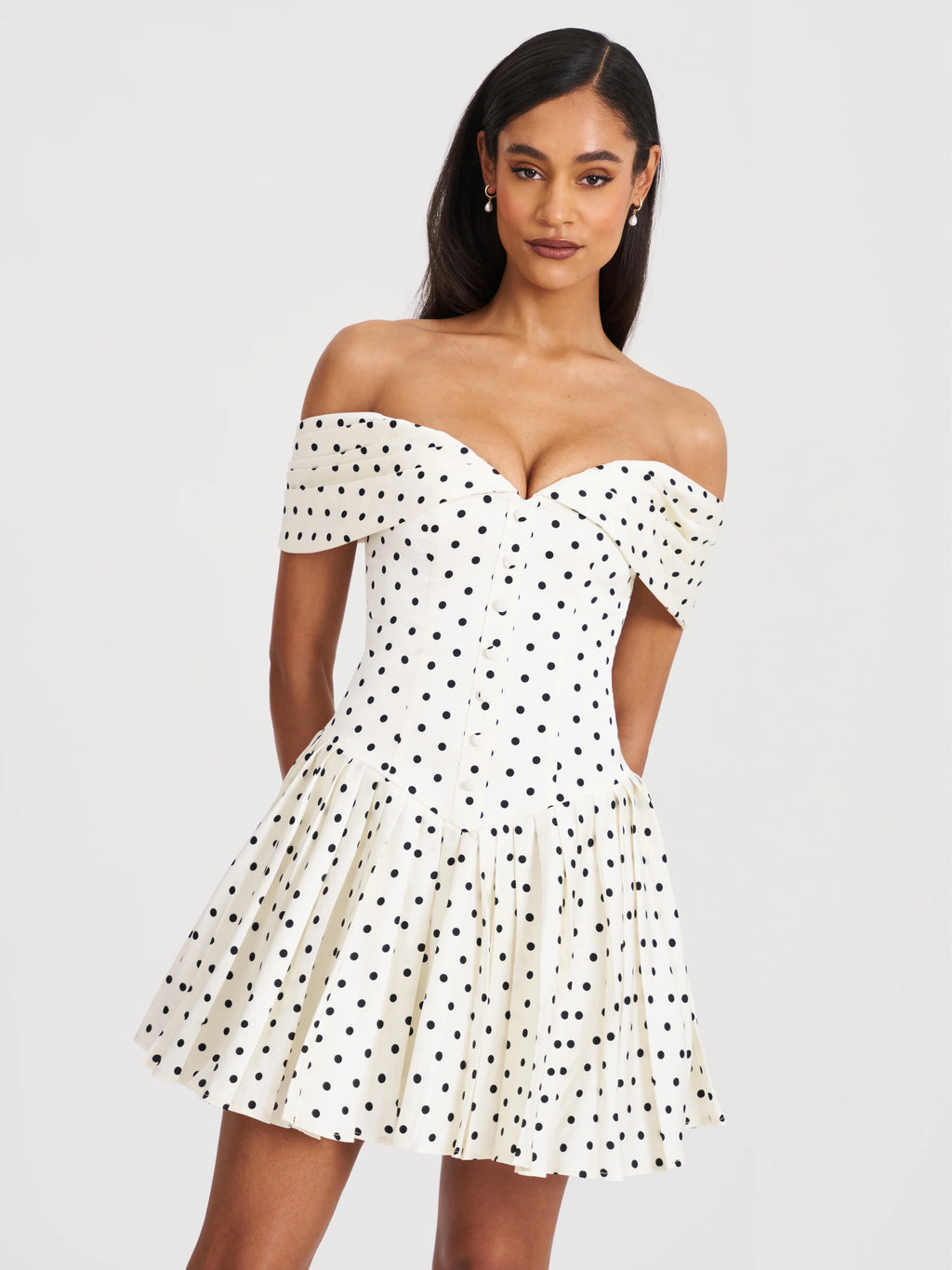Edeline Polka Dot Off shoulder Pleated Mini Dress