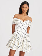 Edeline Polka Dot Off shoulder Pleated Mini Dress
