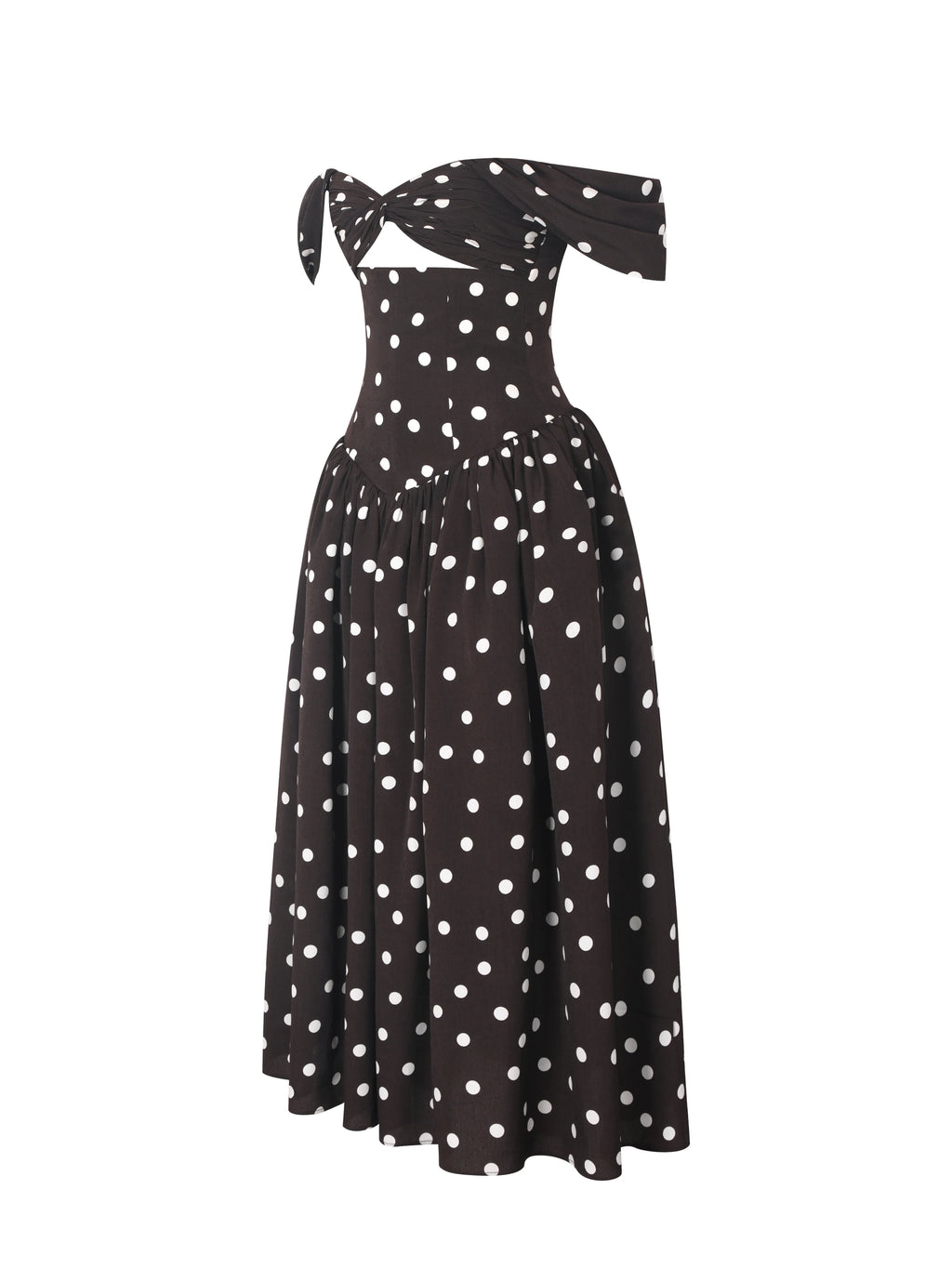 Xandie Mocha Polka Dot Off Shoulder Midi Dress