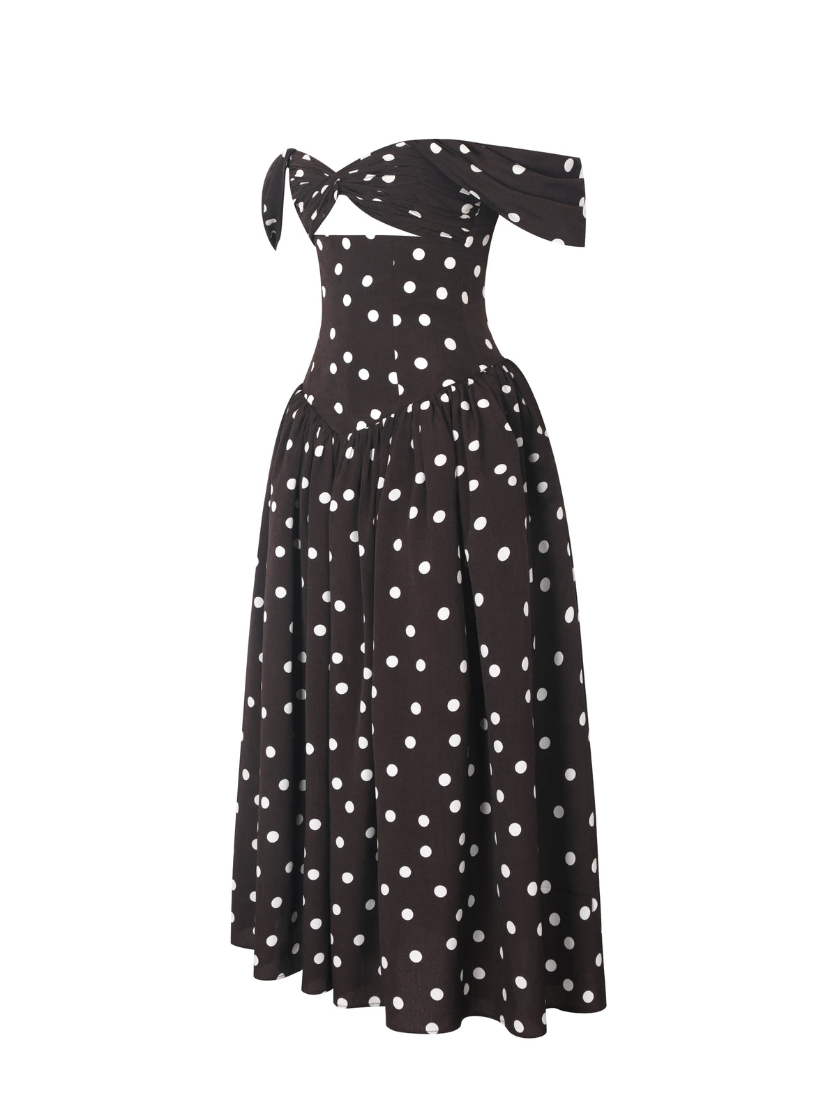 Xandie Mocha Polka Dot Off Shoulder Midi Dress