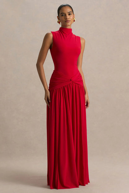 Cascade Red High Neck Maxi Dress With Twist Detail