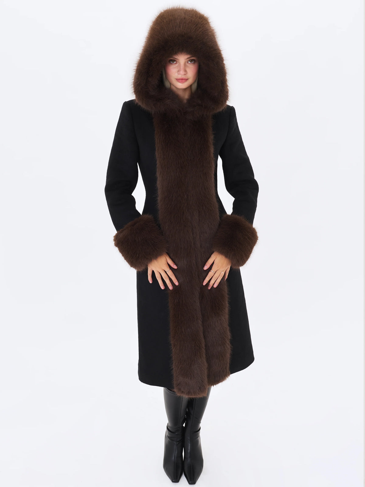 Sloan Black Wool Blend Sculpted Midi Coat with Fur Hood