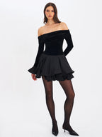 Magnolia Black Off Shoulder Layered Satin Mini Dress