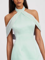 Zafrina Light Cyan Halter Off shoulder Backless Mini Dress