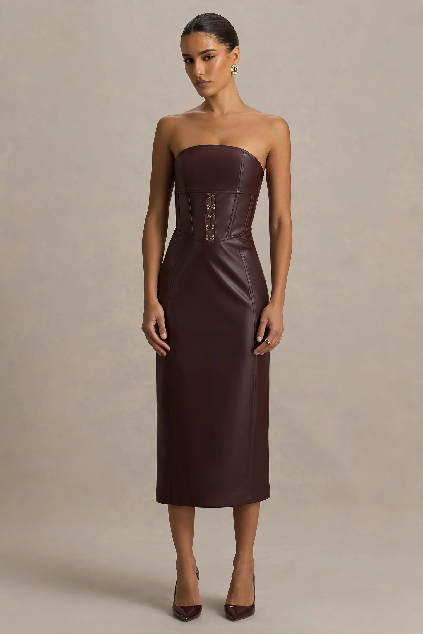 Zola Burgundy Faux Leather Bandeau Midi Dress