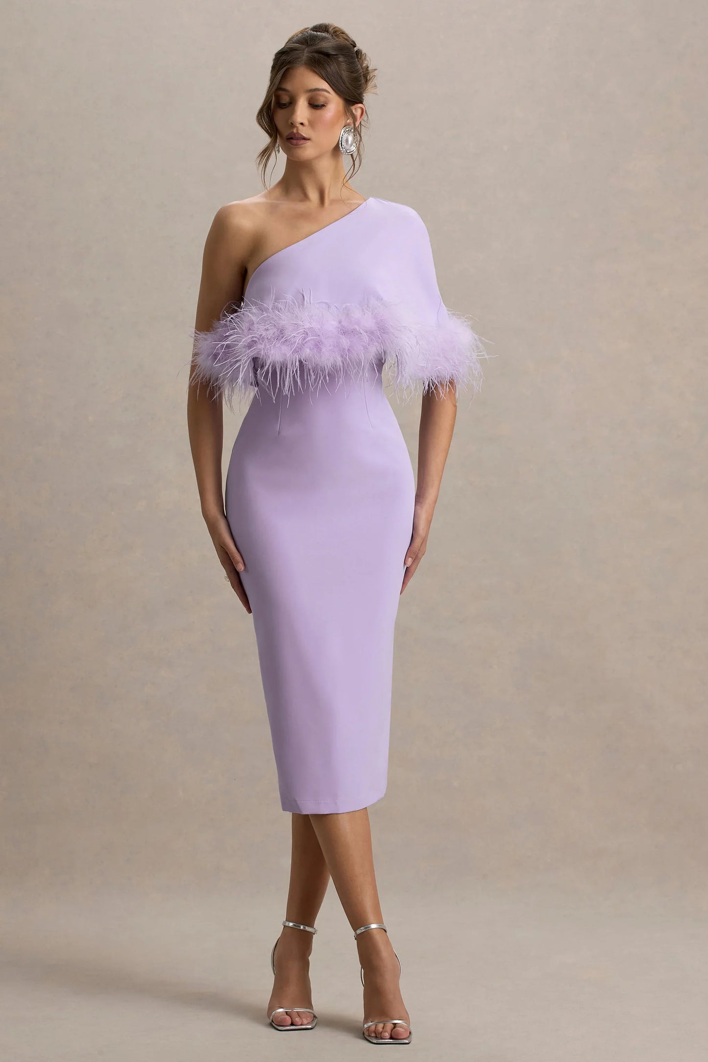 Victory Lilac One Shoulder Midi Dress With Feather Trim