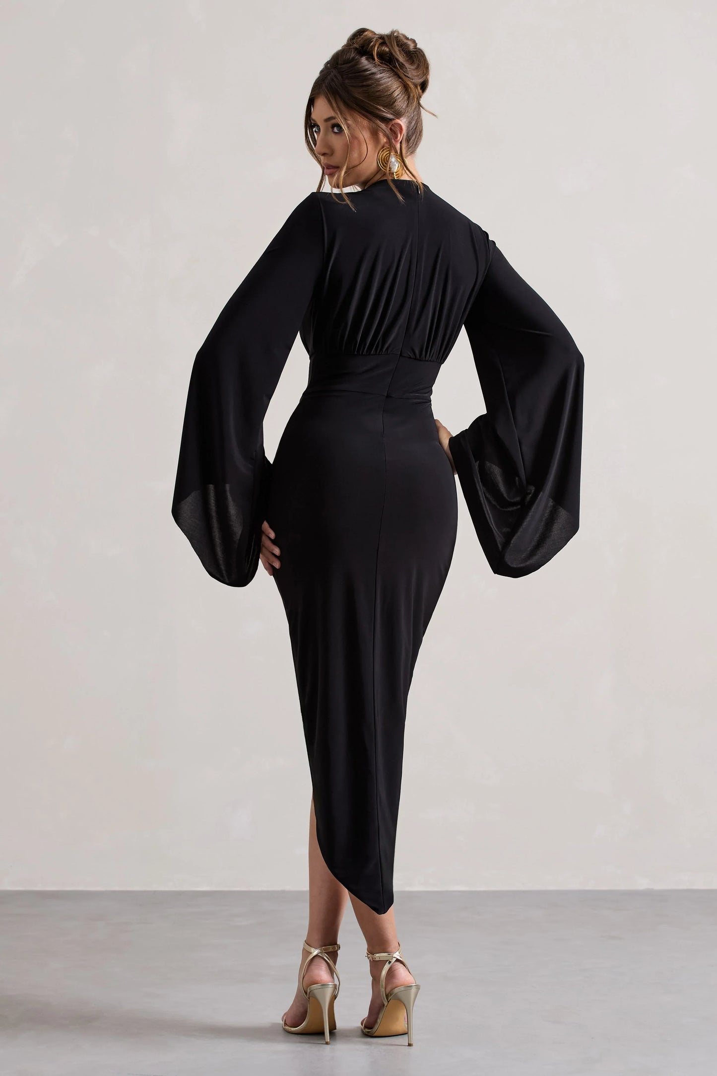 Lennox Black Drape Sleeve Gathered Midi Dress