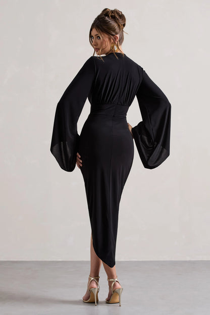 Lennox Black Drape Sleeve Gathered Midi Dress