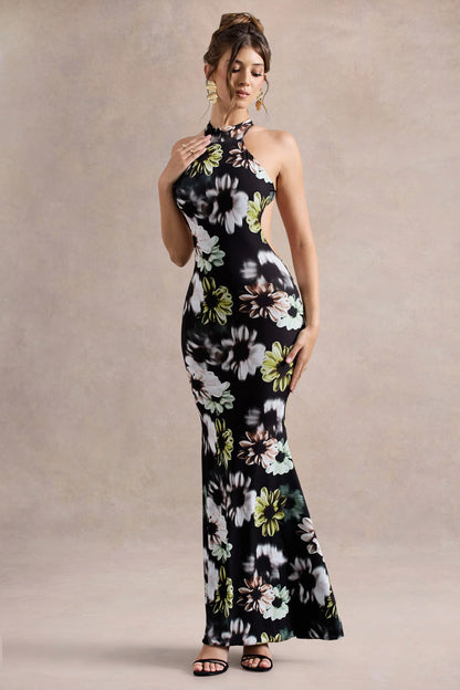 Tuscany Black Floral Print Halter Neck Split Maxi Dress