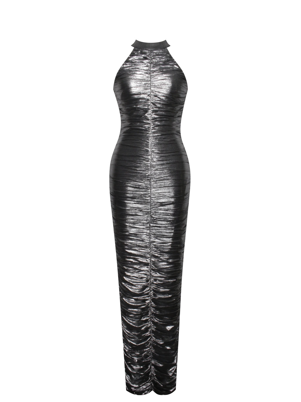 Abril Ruched Silver Glitter Backless Gown