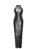 Abril Ruched Silver Glitter Backless Gown