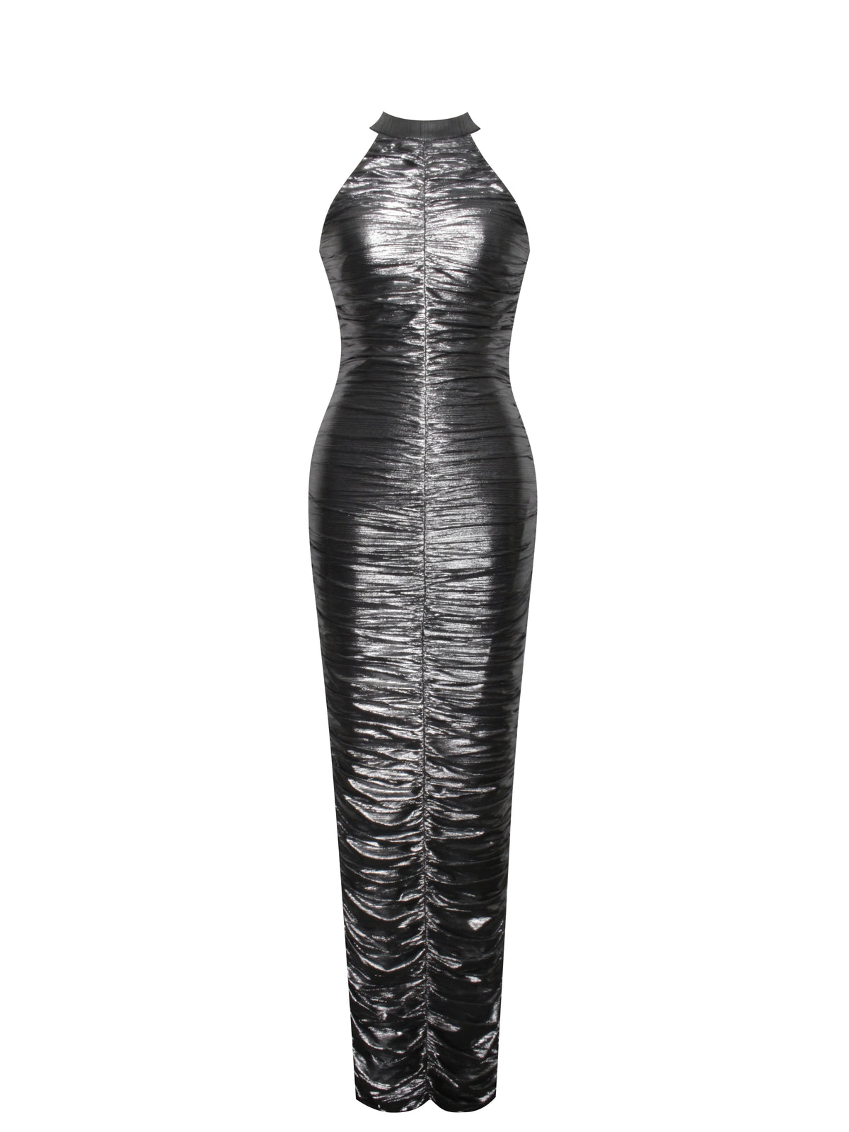 Abril Ruched Silver Glitter Backless Gown