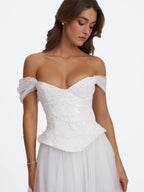Jianna White Beaded Peplum Bardot Neckline Wedding Gown