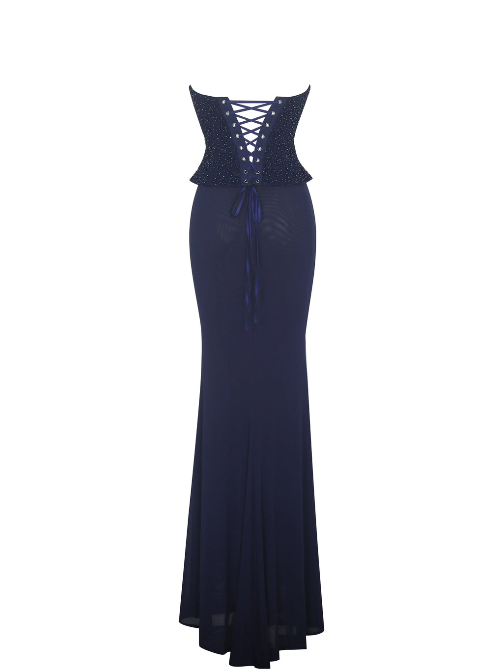 Orabelle Navy Beaded Peplum Mermaid Maxi Gown with Lace up Back