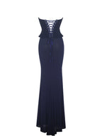 Orabelle Navy Beaded Peplum Mermaid Maxi Gown with Lace up Back