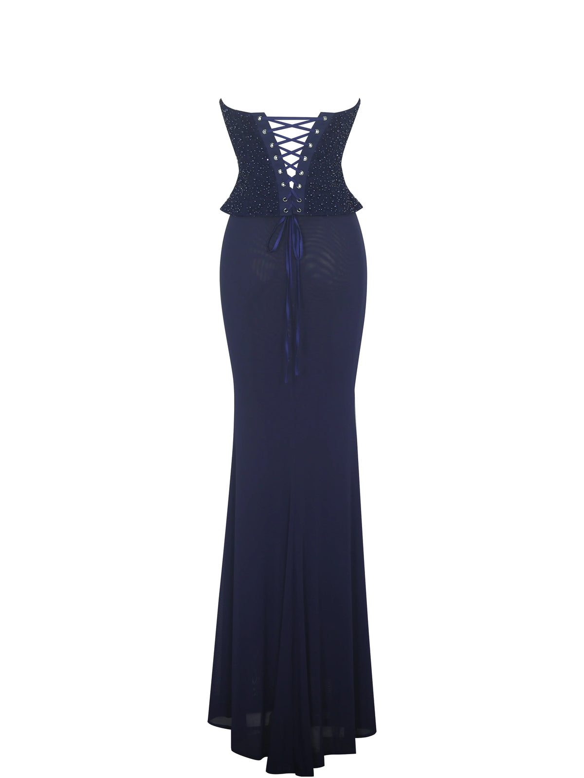Orabelle Navy Beaded Peplum Mermaid Maxi Gown with Lace up Back