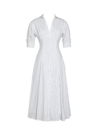 Palina Pinstripes Cotton Poplin Pleated Midi Preppy Shirt Dress