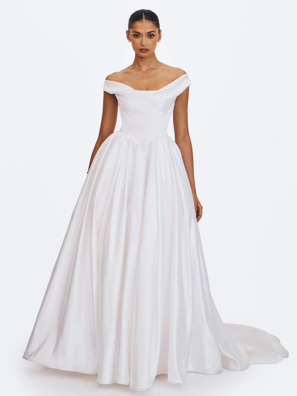 Unna White Satin Bardot Cowl Wedding Gown