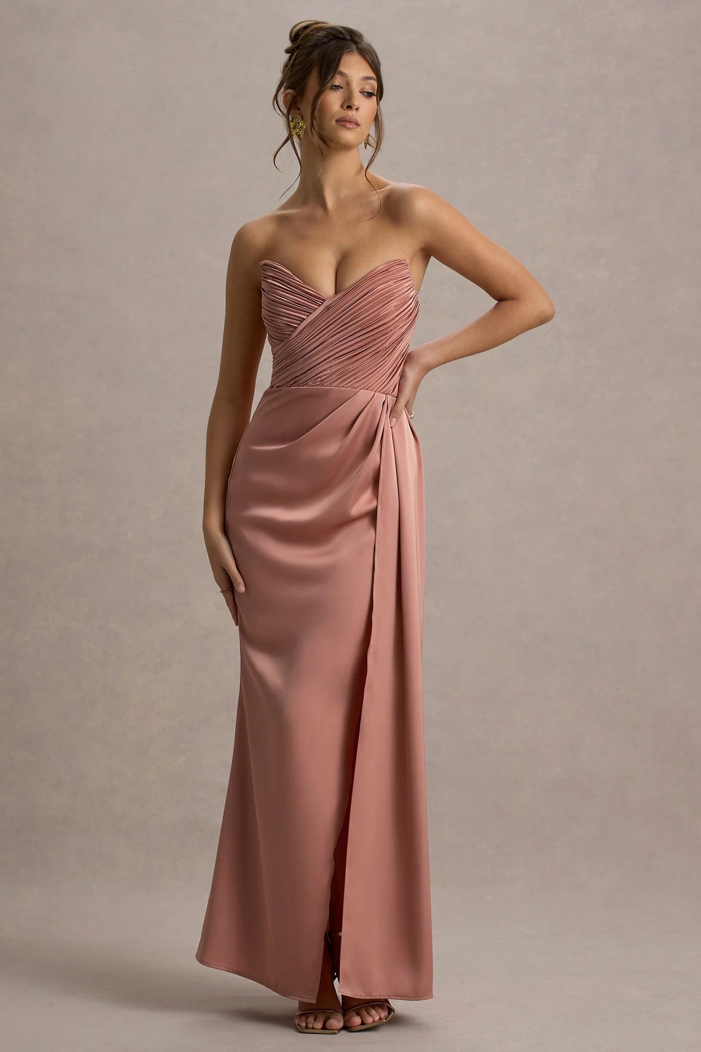 Edel Pink Satin Strapless Maxi Dress With Drape