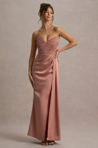 Edel Pink Satin Strapless Maxi Dress With Drape