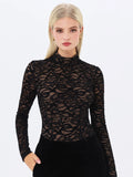 Quenisa Black Chenille Lace Long Sleeve Bodysuit