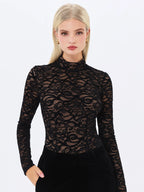 Quenisa Black Chenille Lace Long Sleeve Bodysuit