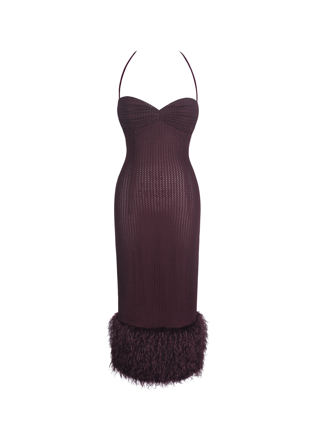 Pluma Maroon Halter Faux Fur Trimmed Midi Dress