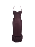 Pluma Maroon Halter Faux Fur Trimmed Midi Dress
