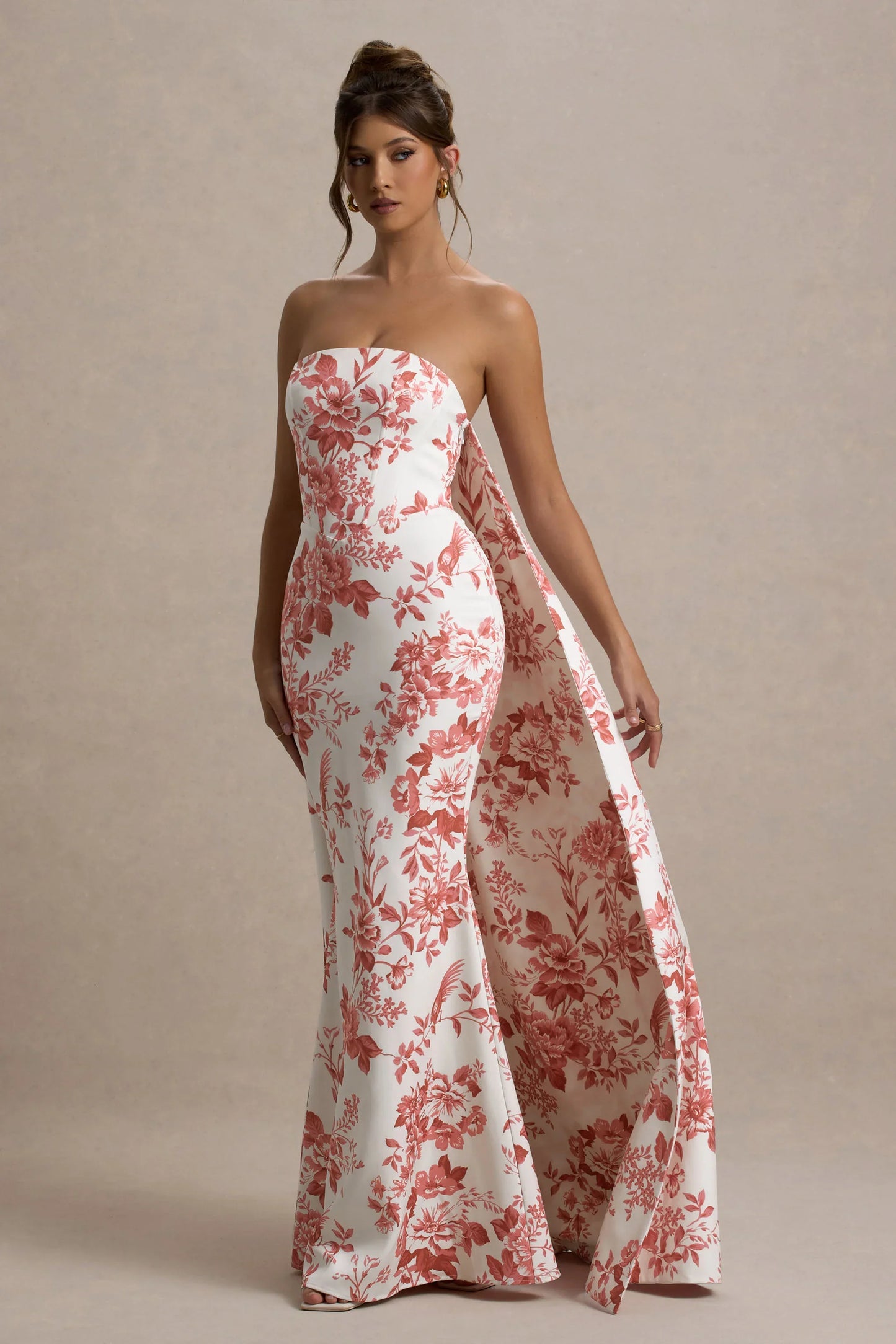 Lywenn Pink Porcelain Print Bandeau Maxi Dress With Cape