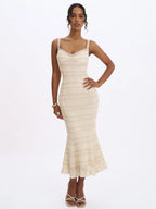 Xiomara Beige Gold Stripe Crochet Knit Mermaid Midi Dress
