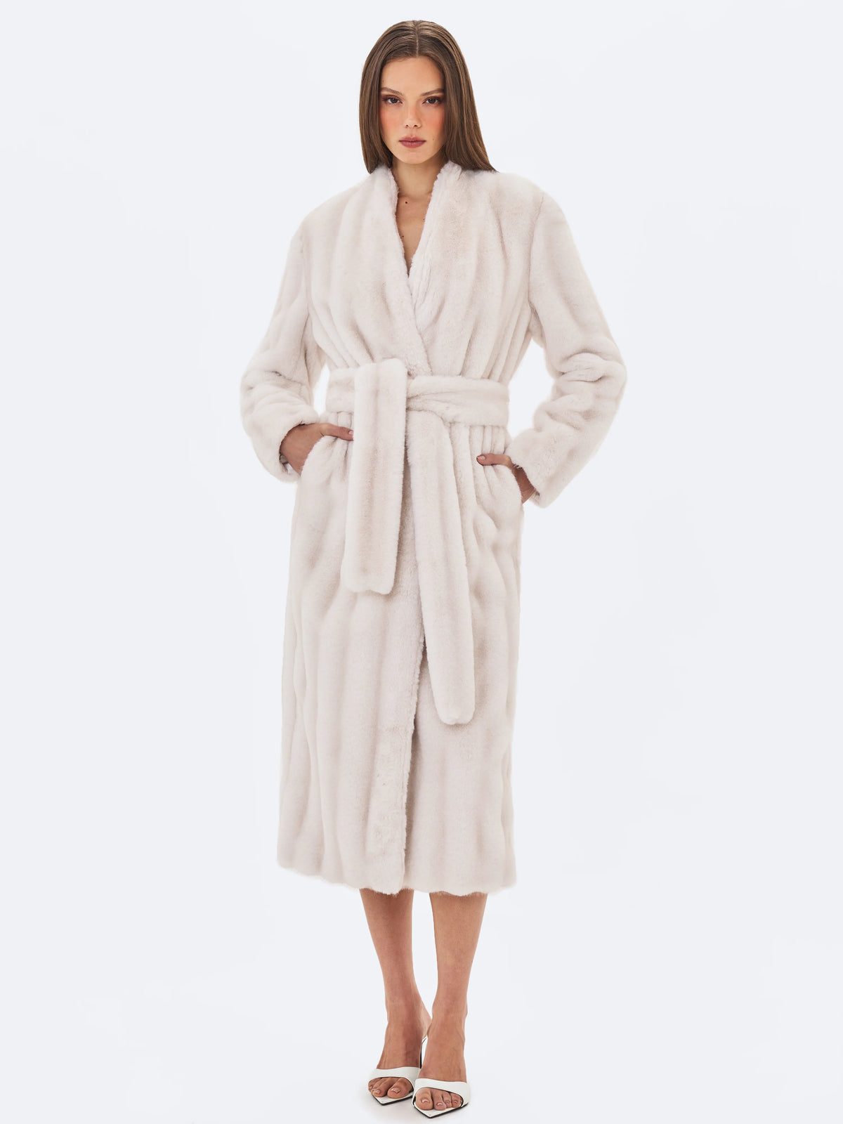 Celine Soft White Faux Mink Belted Longline Coat