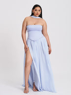 Qianna Baby Blue Peplum Drop Waist Chiffon Gown